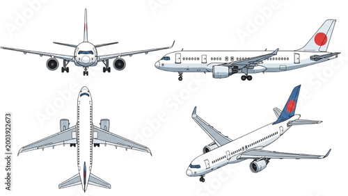 Detailed 2D AutoCAD designs showcase four airplane views