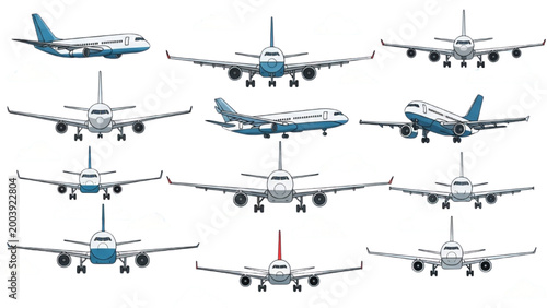 Various 2D AutoCAD designs of airplanes in different positions and angles