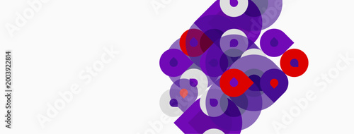 Abstract composition featuring overlapping circles. Purple, red hues dominate white background. Modern, minimalist design elements present.