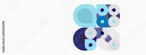 Abstract circles overlap, creating complex shapes. Blues, grays dominate neutral background. Minimalist design, modern aesthetic.