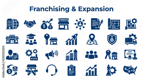Franchising and Expansion Business Growth Icons Set Representing Business Development Strategy and Opportunities