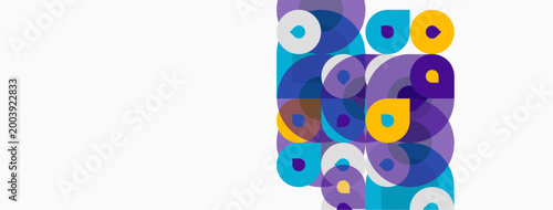 Abstract circles overlap, creating vibrant purple, blue, yellow patterns. Minimalist design with significant negative space. Modern, colorful composition.