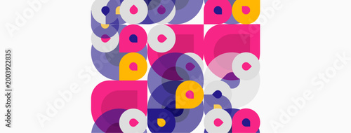 Abstract composition featuring overlapping circles, squares. Vivid pinks, purples, yellows create dynamic visual texture. Modern design elements present.