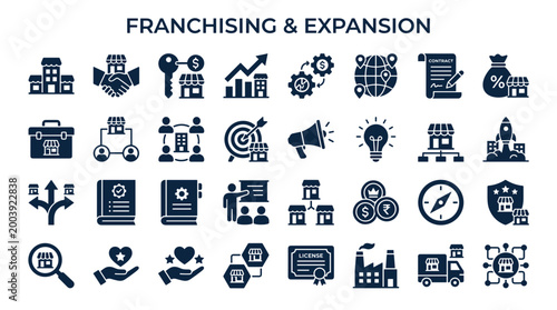 Franchising and Expansion Business Concept Icons Set Showing Growth Opportunities and Global Reach for New Ventures