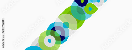 Abstract circles overlap, creating vibrant diagonal pattern. Colors include blues, greens, navy. Minimalist design, clean aesthetic.