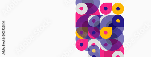 Abstract colorful circles overlap, creating dynamic composition. Vibrant hues blend, forming interesting visual texture. Modern design element.