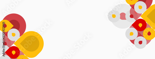 Abstract shapes, circles, curves dominate composition. Warm colors contrast with white space. Minimalist design suggests modern aesthetic.