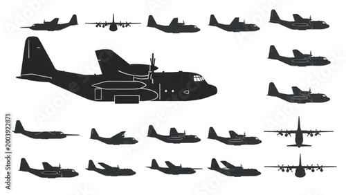 Various 2D AutoCAD airplane designs in multiple views and styles