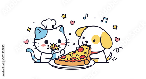 Cartoon cat and dog eating pizza.