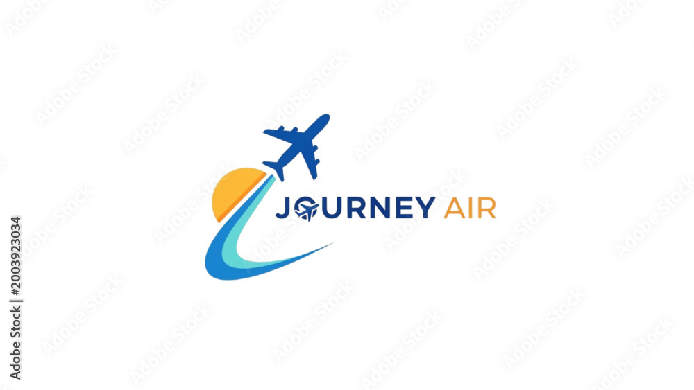 Fototapeta premium Designing 2D AutoCAD blue airplane logo with JOURNEY AIR text on yellow sun background