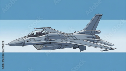 A 2D AutoCAD drawing of a fighter jet soaring through clear blue skies.