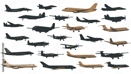 Various 2D AutoCAD designs of planes in flight and on ground