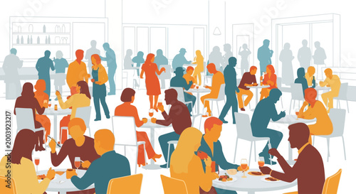 People sitting at tables eating.