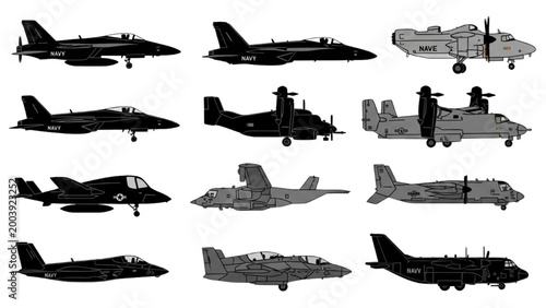 Various military aircraft designs in 2D AutoCAD illustrations