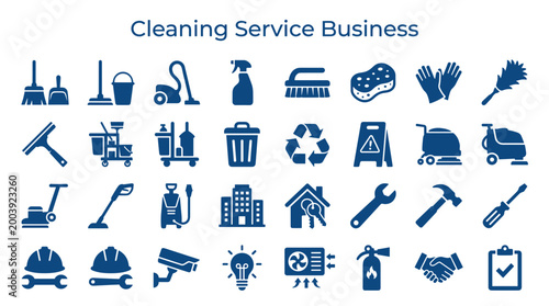 Cleaning service business icons representing professional cleaning tools equipment and services for home and office maintenance