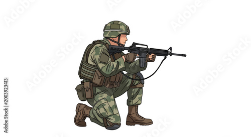 Tableau sur toile Soldier in combat gear kneeling with rifle.