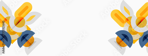 Abstract floral design. Yellow, blue shapes overlap white petals. Minimalist pattern creates modern aesthetic. Clean lines, simple geometry.