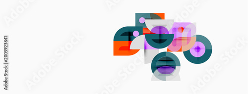 Abstract geometric shapes overlap, creating colorful composition. Circles, squares, rectangles blend softly. Modern design elements present.