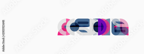 Abstract design features overlapping purple, pink, white shapes. Minimalist composition with geometric forms, clean aesthetic.