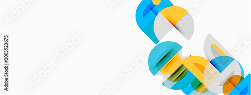 Abstract shapes overlap, creating dynamic composition. Blue, gray, yellow hues dominate clean white background. Modern design element.