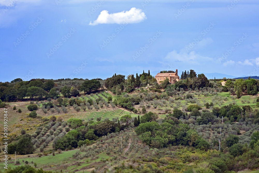 Naklejka premium Camprena, il panorama sulle colline del senese dal Monastero di Sant'Anna in Camprena, Siena, Val d'Orcia, Toscana