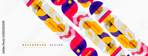 Abstract geometric pattern. Overlapping shapes create dynamic visual texture. Bright colors dominate white background. Modern design element.