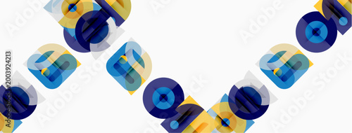 Abstract geometric shapes overlap, creating layered visual effect. Blue, yellow tones dominate composition. Minimalist design.