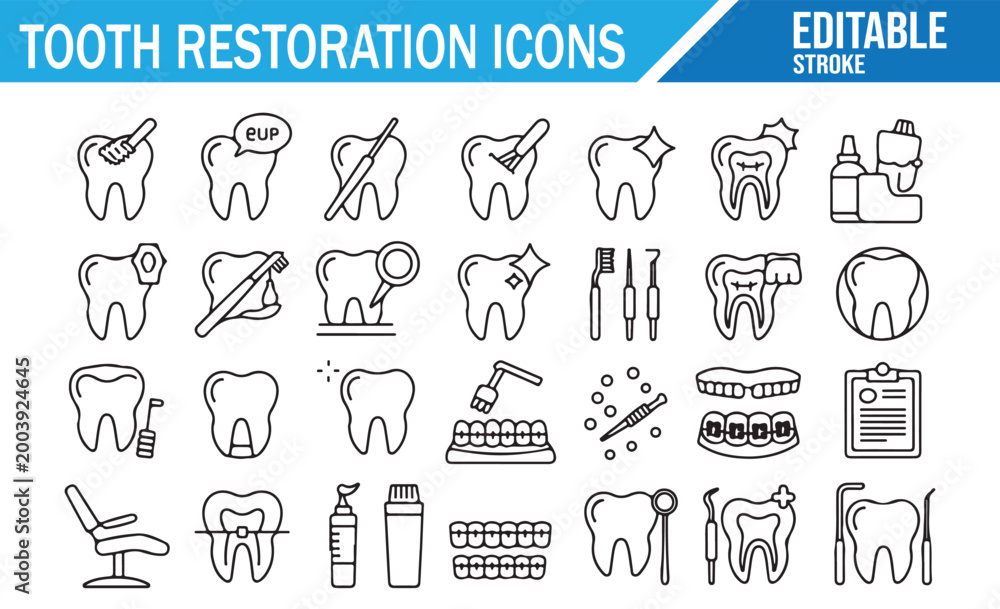 Naklejka premium Dentistry Line Icons Set for Tooth Repair Implant and Oral Care Design