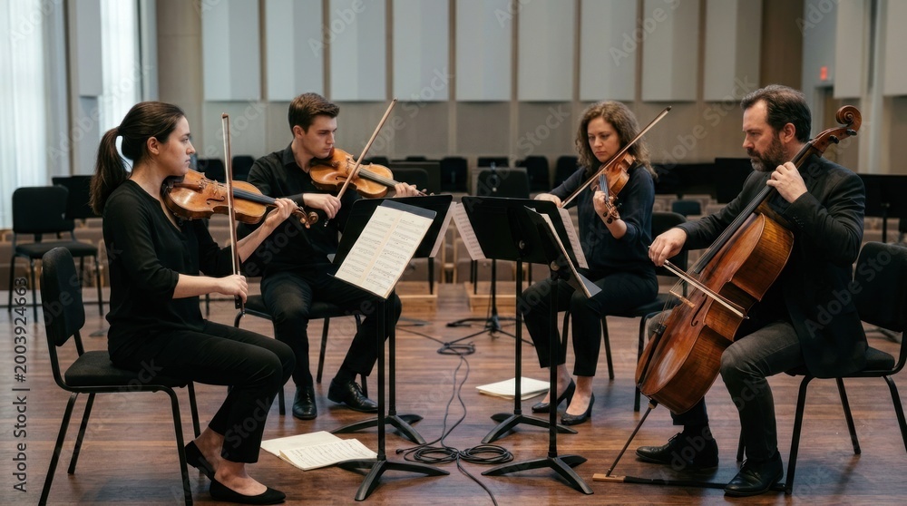 Fototapeta premium Four musicians playing string instruments in a rehearsal space with music sheets and chairs