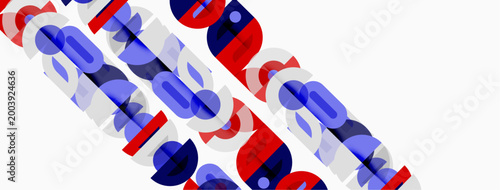 Abstract design features overlapping red, blue, gray shapes. Letters form diagonal pattern, minimalist aesthetic. Clean background enhances visual impact.