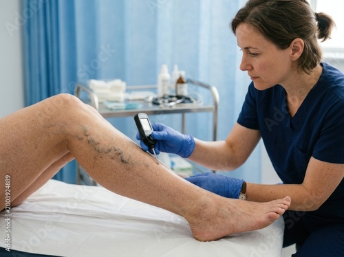 Caucasian clinician measures skin of a patient with varicose veins. She is a woman in her 30s with fair skin wearing blue scrubs.