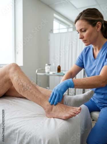Caucasian middle-aged clinician checks the fair skin leg of an elderly patient with varicose veins during a medical consultation.