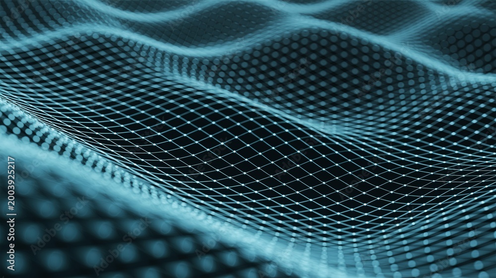 Obraz premium Abstract blue wireframe wave 3d network mesh for technology background