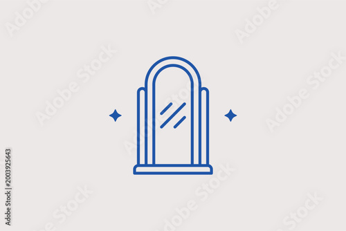 Full-length standing mirror line icon for dressing room interiors and bedroom decor. Reflective vector illustration for fashion retail apps and home furnishing catalogs.