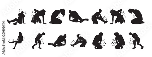 Silhouettes of people experiencing different forms of body pain, highlighting joint discomfort and injury symptoms. Person with back pain, individual sitting, vector illustration.