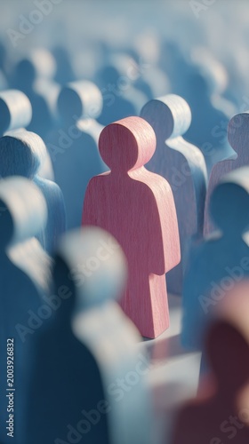 Single red figurine standing out in a crowd of blue wooden figures, symbolizing individuality and uniqueness in a group setting with soft lighting and shadows