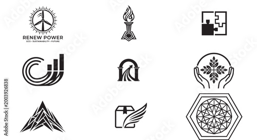 Collection of modern abstract corporate business symbols black and white vector icon set isolated on white background