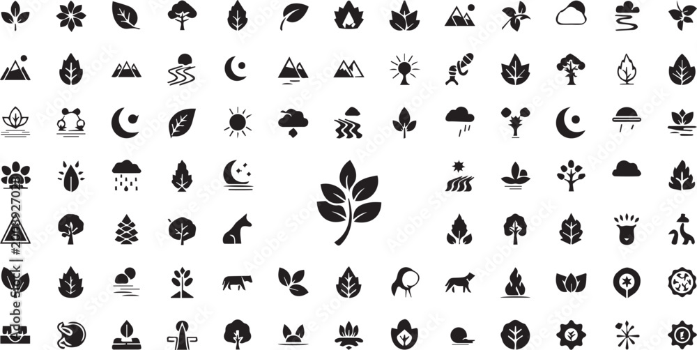 Fototapeta premium Nature Icon Collection: A collection of various nature-related icons, each representing a different element or concept, arranged in a neat grid format.