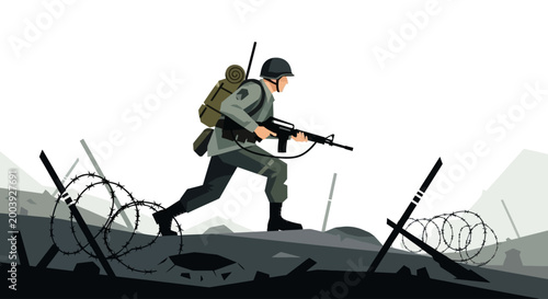 Canvas Print Soldier in combat gear running forward.