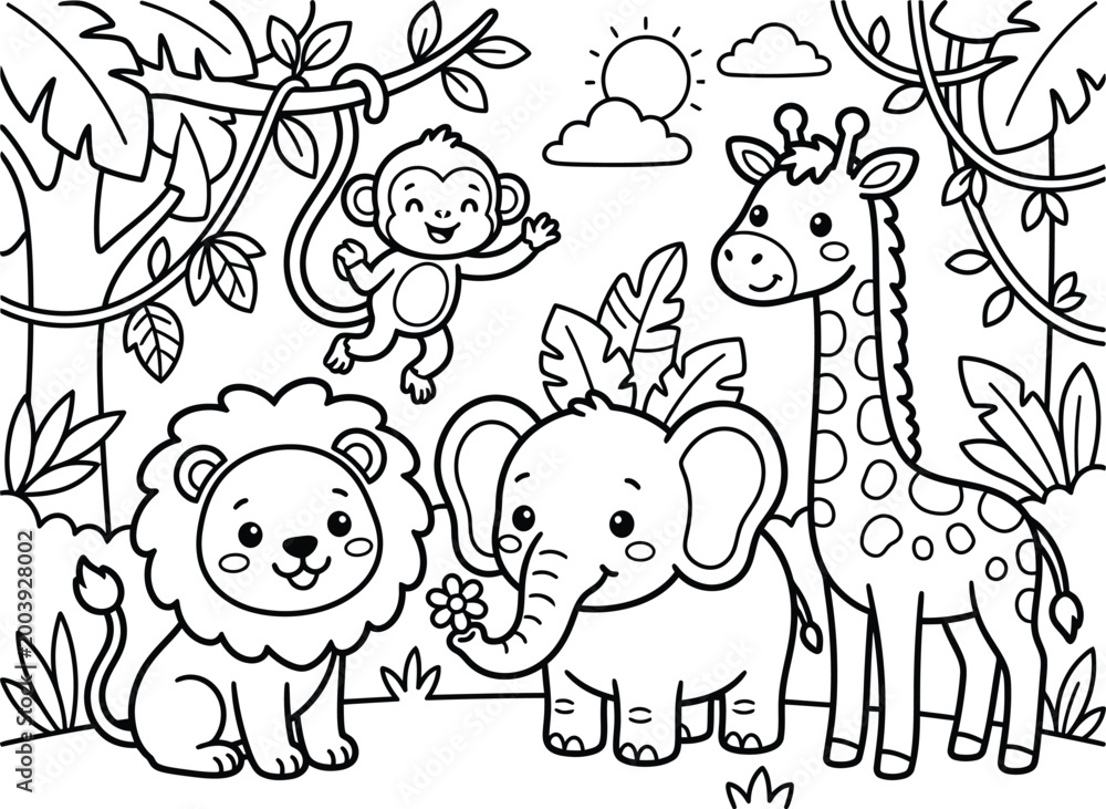 Obraz premium A cute selection of wild jungle animals including a monkey lion elephant and giraffe in a intricate coloring page.