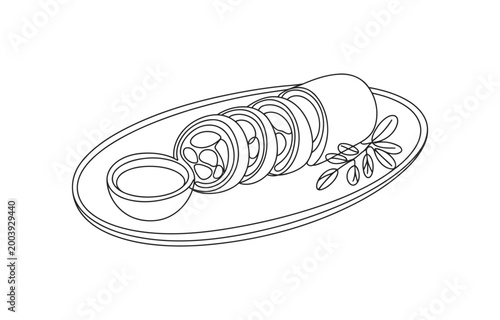 Rolled food item with sauce and garnish on an oval plate line drawing line art black and white food design preparation presentation hand drawn illustration prepared