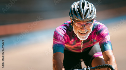Close-up of a fit elderly man riding a racing bike on a sunny velodrome in a vibrant painted style. Confident smile, bright sportswear, dynamic motion, vivid colors.