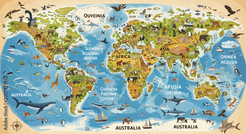 Illustrated world map with animals, vintage educational world map poster, decorative global wildlife map vector, colorful earth map for kids