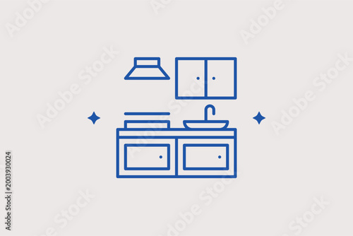 Kitchen counter line icon for interior culinary space and modular furniture design. Professional vector illustration for restaurant floor plans and home renovation websites.