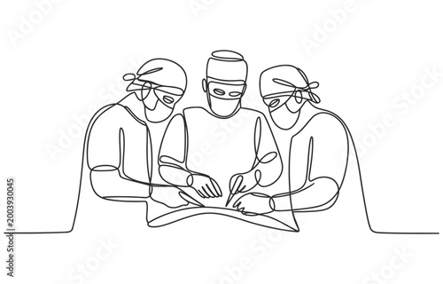 Minimalist line art illustration of surgeons in operating room with medical staff one line continuous surgeons operation hospital professional procedure treatment illustration precision