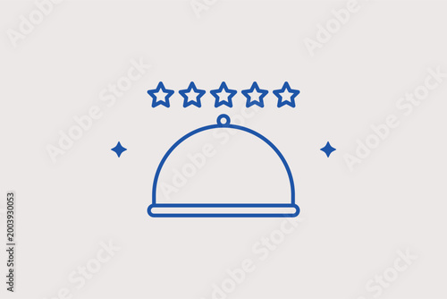 Cloche with five stars line icon for gourmet dining and high-quality restaurant service. Prestigious vector illustration for luxury hotel menus and fine dining review platforms.