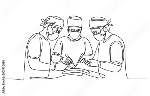 Surgical team engaged in operation single line art illustration medical staff one line continuous surgeons operation hospital professional procedure treatment illustration minimalist