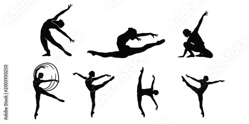 Silhouettes of dancers in various poses, showcasing grace and athleticism in a minimalist black and white illustration.