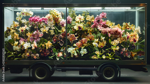Vibrant orchids in a glass enclosed truck trailer