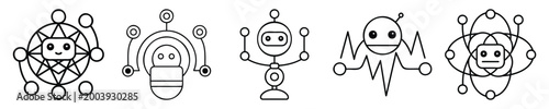 Group of five unique line art robot icons on white background, conveying themes of AI and advanced technology.